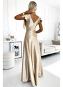 Numoco CRYSTAL saténové dlhé šaty s výstrihom - zlaté 411-7