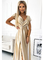 Numoco CRYSTAL saténové dlhé šaty s výstrihom - zlaté 411-7