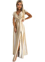 Numoco CRYSTAL saténové dlhé šaty s výstrihom - zlaté 411-7