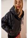 Happiness İstanbul Women's Black Hooded Faux Leather Down Coat