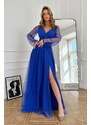 Bicotone Modré tylové šaty s vysokým rozparkom Jasmine