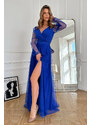 Bicotone Modré tylové šaty s vysokým rozparkom Jasmine