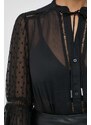 Košeľa Guess JOSETTE dámska, čierna farba, voľný strih, s viazaním vo výstrihu, W3RH56 WDW52