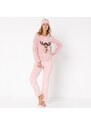 Blancheporte Fleecové pyžamo s dlhými rukávmi s motívom "soba" ružová pudrová 054