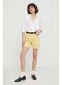 Rifľové krátke nohavice Tommy Hilfiger dámske, žltá farba, jednofarebné, vysoký pás, WW0WW41322