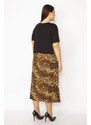 Şans Women's Plus Size Coffee Layered Dress with Patterned Skirt