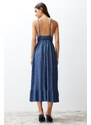 Trendyol Collection Indigová hladká sukňa nariasený remienok s výstrihom do V Maxi rebrovaný pružný