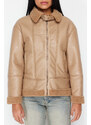 Trendyol Collection Béžový plyšový detailný kabát z umelej kože