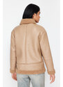 Trendyol Collection Béžový plyšový detailný kabát z umelej kože