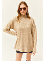 Olalook Women's Stone High Neck Soft Textured Knitwear Sweater