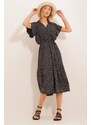 Trend Alaçatı Stili Dámske čiernožlté tkané šaty z viskózovej viskózovej dvojradovej sukne s golierom