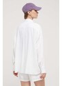 Košeľa s prímesou ľanu Tommy Jeans biela farba,voľný strih,s klasickým golierom,DW0DW17987