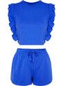 Trendyol Navy Blue 100% Cotton T-shirt with Frills-Shorts, Knitted Pajamas Set