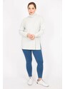 Şans Women's Gray Plus Size Turtleneck Fluffy Fabric Self Striped Tunic