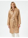 Koton Trench Coat Leather Look Midi Length Belt Detailed Pocket Buttoned