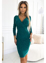 NUMOCO Tmavozelené vypasované šaty s dlhým rukávom EVA 387-7