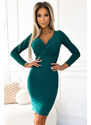 NUMOCO Tmavozelené vypasované šaty s dlhým rukávom EVA 387-7