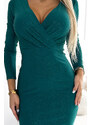 NUMOCO Tmavozelené vypasované šaty s dlhým rukávom EVA 387-7