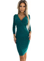 NUMOCO Tmavozelené vypasované šaty s dlhým rukávom EVA 387-7