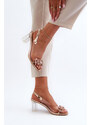 Basic Elegantné priehľadné sandále na stĺpcovom podpätku s ružovými ozdobami