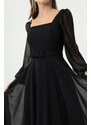 Lafaba Dámske čierne večerné šaty z midi šifónu so štvorcovým výstrihom