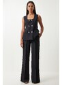 Happiness İstanbul Women's Black Square Collar Woven Vest Trousers Suit