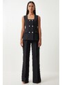 Happiness İstanbul Women's Black Square Collar Woven Vest Trousers Suit