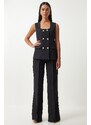 Happiness İstanbul Women's Black Square Collar Woven Vest Trousers Suit