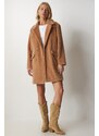 Happiness İstanbul Women's Biscuit Rabbit Hair Look Oversize Coat