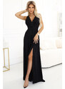 Numoco MONIQUE dlhé exkluzívne šaty s výstrihom a rozparkom pri nohaviciach - čierne s trblietkami 587-1