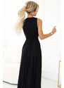 Numoco MONIQUE dlhé exkluzívne šaty s výstrihom a rozparkom pri nohaviciach - čierne s trblietkami 587-1
