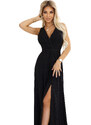 Numoco MONIQUE dlhé exkluzívne šaty s výstrihom a rozparkom pri nohaviciach - čierne s trblietkami 587-1