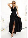 Numoco MONIQUE dlhé exkluzívne saténové šaty s výstrihom a rozparkom na nohaviciach - čierne 587-2