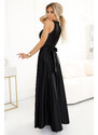 Numoco MONIQUE dlhé exkluzívne saténové šaty s výstrihom a rozparkom na nohaviciach - čierne 587-2