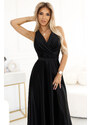 Numoco MONIQUE dlhé exkluzívne saténové šaty s výstrihom a rozparkom na nohaviciach - čierne 587-2