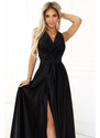 Numoco MONIQUE dlhé exkluzívne saténové šaty s výstrihom a rozparkom na nohaviciach - čierne 587-2