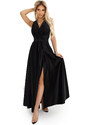 Numoco MONIQUE dlhé exkluzívne saténové šaty s výstrihom a rozparkom na nohaviciach - čierne 587-2