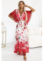NUMOCO Bílo-červené vzdušné maxi šaty s výstřihem do V a květinovým vzorem *603-1
