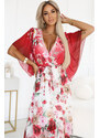 NUMOCO Bílo-červené vzdušné maxi šaty s výstřihem do V a květinovým vzorem *603-1