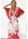NUMOCO Bílo-červené vzdušné maxi šaty s výstřihem do V a květinovým vzorem *603-1