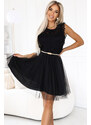 numoco basic 454-5 ČIERNE čipkované šaty GRETA s tylovou sukňou a zlatým opaskom