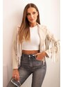 MladaModa Krátka koženková bunda so strapcami model 4359-1 béžová